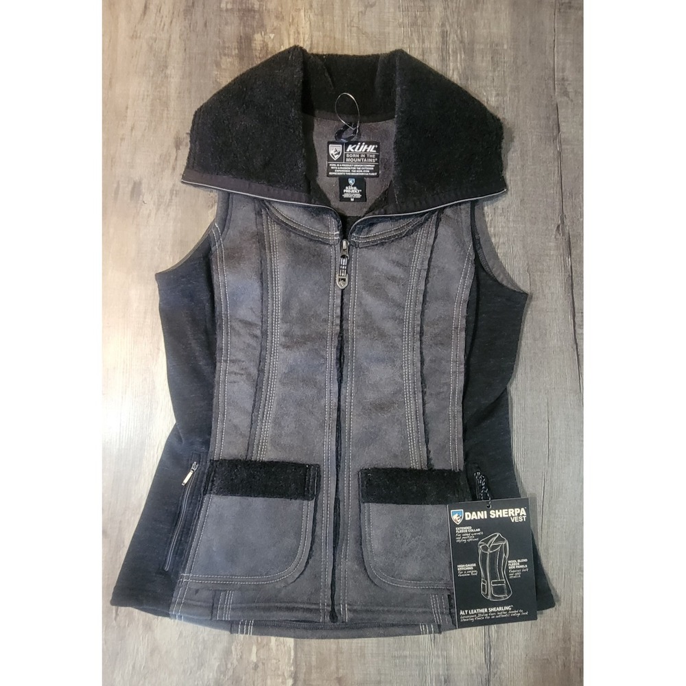 Kuhl Dani Sherpa Vest Womens Medium Ash Grey Faux Leather Fleece Lined 2110 NWT